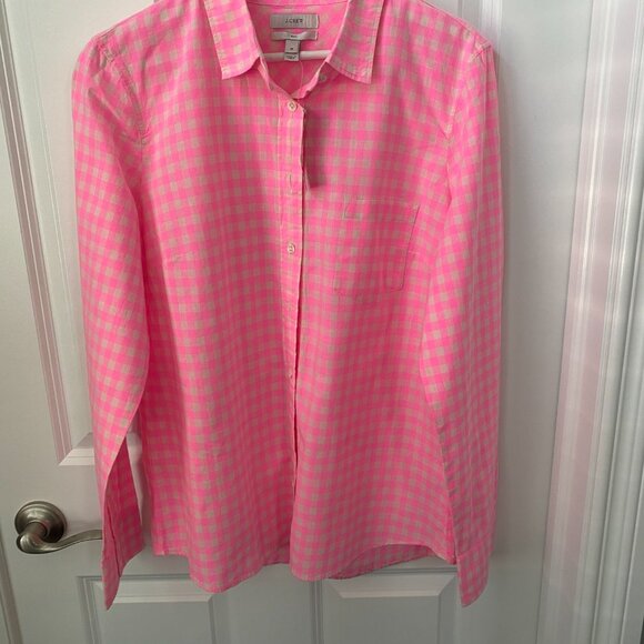 NWT J. Crew Neon Pink Gingham Button Down Shirt - Picture 2 of 4